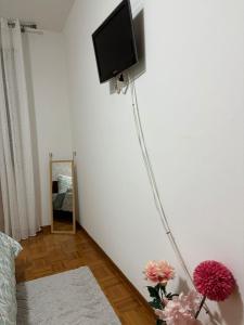 a living room with a tv on a white wall at Calvo in Ronchi dei Legionari