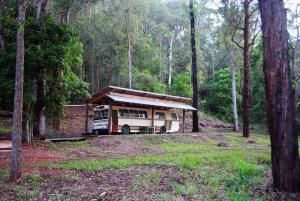 a rv with a roof parked in a forest at Coffee Grounds - The Coach in Coffee Camp