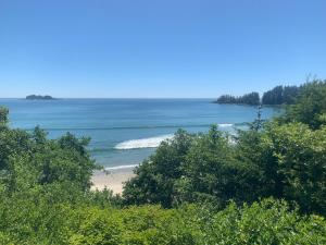 a view of a beach with trees and the ocean at Le Chalet Waterfront Studio Suite, View, Patio, Kitchen in Ucluelet +14 photos