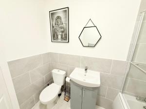 a bathroom with a toilet and a sink at 4 bedrooms 8 beds Wi-FI smart tv games room in Hull