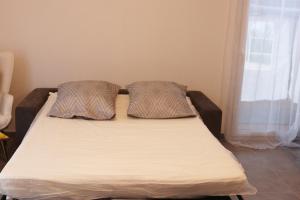 a bed with two pillows on it in a room at Relaxing, quiet, private spa, Besançon in Émagny