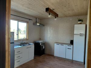 a kitchen with a white refrigerator and a sink at Cabaña 3 Aeropuerto el Tepual in Puerto Montt