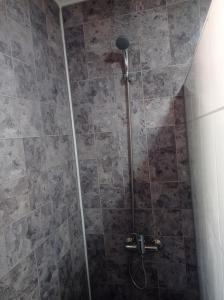 a shower in a bathroom with a glass door at Cabaña el Encanto in Villarrica