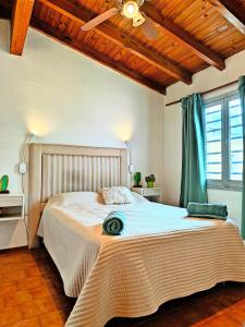 een slaapkamer met een groot bed met een plafondventilator bij Delakay alojamientos 3 in Godoy Cruz