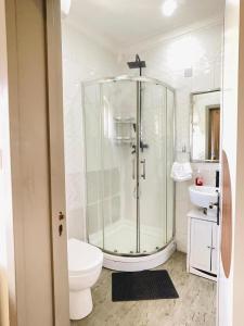 Un baño con ducha, inodoro y lavabo. en Light, modern apartment in Ikoyi, en Lagos