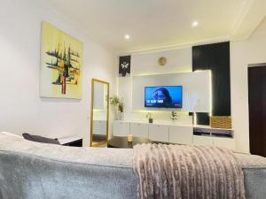 Una sala de estar con un sofá y un televisor. en Light, modern apartment in Ikoyi, en Lagos
