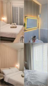 two pictures of a hotel room with two beds and a window at Cabin916 condotel in Agus