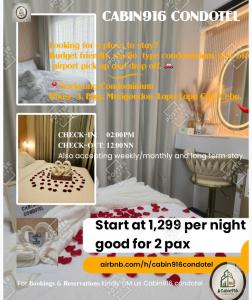 a flyer for a hotel room with a bed and a desk at Cabin916 condotel in Agus