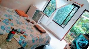 ein Schlafzimmer mit einem Bett und zwei Fenstern in der Unterkunft Bosque de Ángeles in Buena Vista