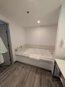 ラスベガスにあるヒルトン ガーデン イン ラスベガス ストリップ サウスのウッドフロアのバスルーム(白いバスタブ付)