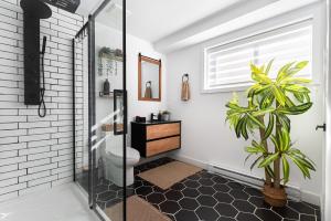 La salle de bains est pourvue de toilettes et d'une plante. dans l'établissement Boho Vibes Cottage, à Sainte-Lucie-de-Doncaster