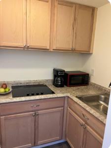 a kitchen counter with a microwave and a sink at Cozy private room in Princeton