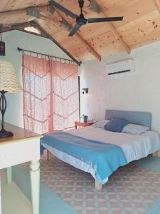 a bedroom with a bed and a ceiling fan at Casita Baja Beans Pink in El Pescadero