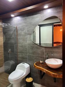 a bathroom with a toilet and a sink and a mirror at Montearroyo Gualea lodge 