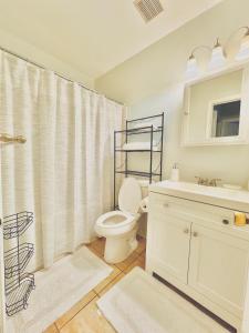 Un baño con inodoro, lavabo y ducha. en Charming 4BR 4BA Townhouse In Annandale, VA, en Annandale