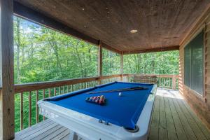 a screened porch with a pool table on a deck at Leaf Peeper's - HUGE deck, pizza oven, Pac-man! in Davis