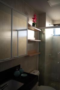a bathroom with a sink and a toilet and a cabinet at Oásis Vistamar in Luis Correia