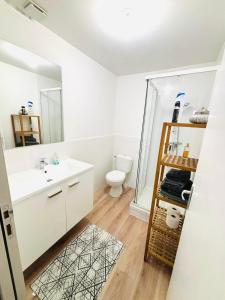 a bathroom with a sink and a toilet and a mirror at Élégant et central in Perpignan