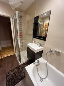 a bathroom with a sink and a shower and a tub at Modern Flat with Wembley Stadium View in London +16 photos