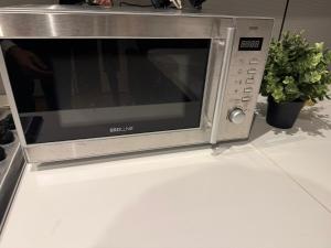 eine Mikrowelle mit einer Pflanze auf der Theke in der Unterkunft Appartamenti Mazzini in Turin + 136 Fotos