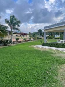 a green yard with a building and palm trees at Dream Diamond in Saint Annʼs Bay