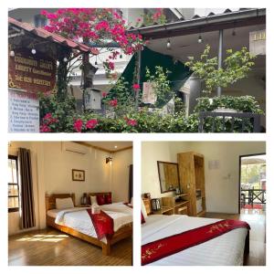 dos fotos de una habitación de hotel con camas y flores en Liberty Place, en Luang Prabang