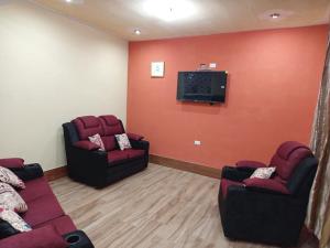 a living room with two chairs and a flat screen tv at Casa Cifuentes in La Esperanza