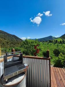 a grill on a deck with a view of a mountain at Maungatapu Hut in Rai Falls +23 photos