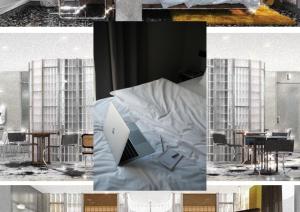 a collage of photos of a bedroom with a laptop and a table at Warm Pillow Hotel Bangkok in Pom Prap