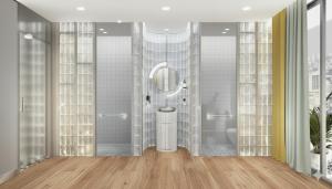 a bathroom with a shower and a mirror at Warm Pillow Hotel Bangkok in Pom Prap