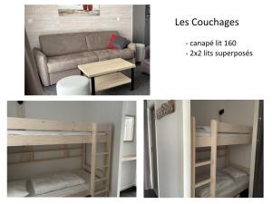two pictures of a room with a couch and a bunk bed at Studio cosy à Gourette, 6 pers, animaux admis - FR-1-860-36 in Gourette +4 photos