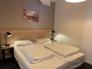 two beds in a bedroom with two lamps at Appartement spacieux pour 8 personnes à Gourette avec piscine et animaux acceptés - FR-1-860-18 in Gourette