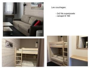 two pictures of a room with a couch and bunk beds at Charmant studio à Gourette avec piscine et animaux admis, pour 6 personnes - FR-1-860-26 in Gourette +2 photos