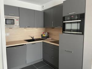 a kitchen with gray cabinets and a white refrigerator at Studio douillet à Gourette - 6 personnes, draps inclus, animaux admis - FR-1-860-29 in Gourette