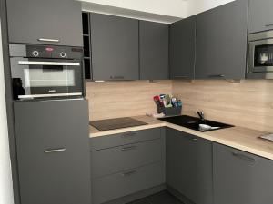 a kitchen with gray cabinets and a counter top at Appartement 2 pièces à Gourette, idéal pour 6 pers., proche des pistes, animaux admis - FR-1-860-38 in Gourette