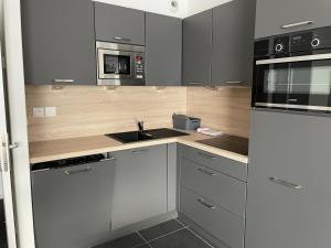 a kitchen with gray cabinets and a sink at Studio 6 pers, piscine, animaux, Gourette - FR-1-860-37 in Gourette +2 photos