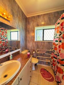 a bathroom with a sink and a toilet at Cosy 6BR & 6BA Redwoods Lodge upto 14 People in Rotorua