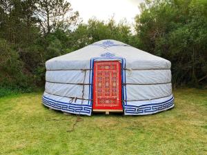 een yurt met een rode deur in het gras bij Secluded Retreat by Limfjorden - By Traum Ferienwohnungen in Sindrup +35 foto's