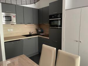 a kitchen with black cabinets and white appliances at Studio avec piscine pour 4 pers, animaux admis, Gourette - FR-1-860-49 in Gourette