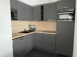 a kitchen with gray cabinets and a sink at Appartement spacieux 8 pers, vue pistes, animaux admis, Gourette - FR-1-860-57 in Gourette