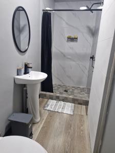 コマヤグアにあるCasabelaの洗面台と鏡付きシャワーを備えたバスルーム