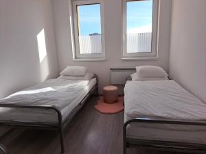two beds in a small room with two windows at Budget Apartment KNM5 in Kysucké Nové Mesto
