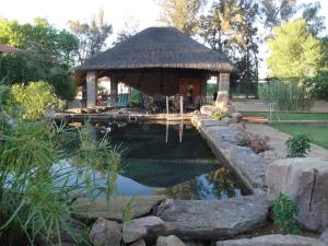 einen kleinen Teich mit einem Pavillon im Hof in der Unterkunft Burgsdorf Guest Farm in Maltahöhe