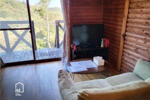 a living room with a couch and a table and a television at Affordable Island Villa with Sea Views Great Value Stay in Bizen