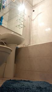 ein Badezimmer mit einer Dusche, einem WC und einem blauen Teppich in der Unterkunft Central Park Apartment in Dnipro