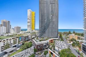 an aerial view of a city with tall buildings at Luxurious 2-Bed Designer Retreat at Oracle Resort in Gold Coast