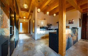 埃伦豪森Poolvilla Ratsch的大型厨房设有木制天花板和木地板。