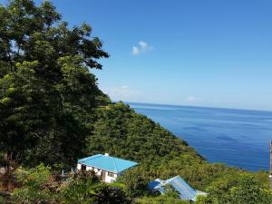 a house on a hill next to the ocean at Evie Cottage in Bioche