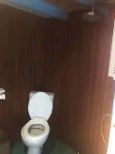 a bathroom with a white toilet in a brown wall at Orangutan Borneo Tour Tanjung Puting in Pangkalan Bun