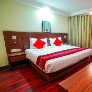 een slaapkamer met een groot bed met rode kussens bij HOTEL GARNET in Durg